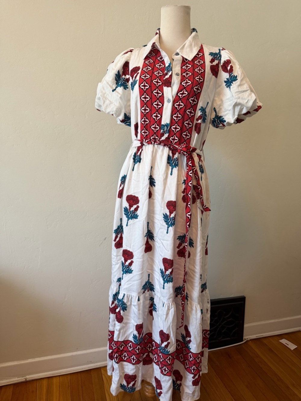 Entro new no tags White Maxi Dress with Red Floral and Teal Accents. Size: small